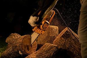 electric chainsaws cut trees in the forest for building a house and making firewood The concept of deforestation photo
