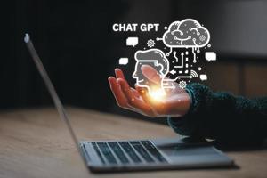 Hand touching digital chatbot for provide access to information and data in online network, robot application and global connection, AI, Artificial intelligence, innovation. photo