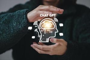 Hand touching digital chatbot for provide access to information and data in online network, robot application and global connection, AI, Artificial intelligence, innovation. photo