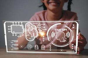 Hand touching digital chatbot for provide access to information and data in online network, robot application and global connection, AI, Artificial intelligence, innovation. photo