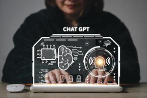 Hand touching digital chatbot for provide access to information and data in online network, robot application and global connection, AI, Artificial intelligence, innovation. photo