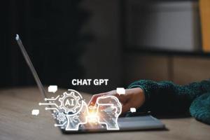 chatbot digital táctil para proporcionar acceso a información y datos en la red en línea, aplicación de robot y conexión global, ai, inteligencia artificial, innovación. foto