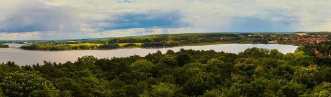 view of Krakow am See. Lakes landscape with dense forests on the shore. Vacation photo