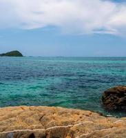 Landscape summer panorama view front nature seen along the mountains rock coast and sea ocean, look blue sky, horizon wind cool breeze, comfortable during the travel day, relax, Rayong, Thailand photo