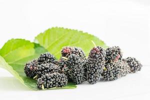 Close up mulberry fruit with green leaf photo