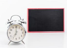 Chalkboard mock up and Silver alarm clock photo