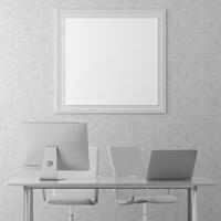 3D interior design minimal workspace with mockup photo frame