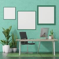 3D interior design minimal workspace with mockup photo frame