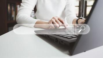 SEO Search engine optimization, Search technology, women's hands using a computer keyboard to search for information, using websites search bar to find the desired information or shopping online. photo