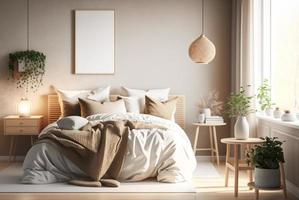 Scandinavian style bedroom mockup with natural wood furniture and a beige color scheme photo