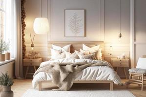 maqueta de dormitorio de estilo escandinavo con muebles de madera natural y un esquema de color beige foto