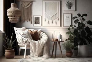 Scandinavian style bedroom mockup with natural wood furniture and a beige color scheme photo