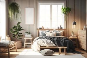 Scandinavian style bedroom mockup with natural wood furniture and a beige color scheme photo