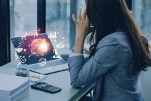 woman Hand holding virtual Global Internet connection metaverse. Business global internet connection application technology and digital marketing, Financial and banking, Digital link tech, big data. photo
