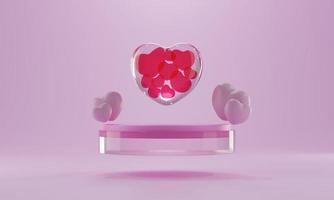 corazón vidrio forma 3d renderizado espacio vacío cilindro rosa podio día de san valentín foto