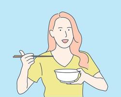 Expression of woman eating with chopsticks, hand drawn style vector design illustration.