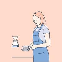 Smiling asian girl barista wearing uniform making coffee, hand drawn style vector design illustration