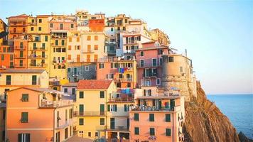 Beautiful view of old village of Manarola in the Cinque Terre Reserve at sunset. Liguria region of Italy. video