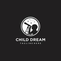 Child with telescope dream and star logo design inspiration vector