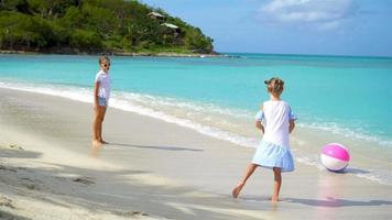 weinig aanbiddelijk meisjes spelen met lucht bal Aan de strand. gelukkig kinderen genieten vakantie video