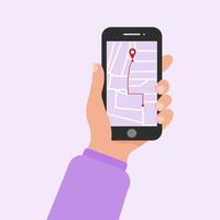 The girl holds a mobile phone in her hand with a GPS navigation application. Street map and traffic scheme. Vector illustration.