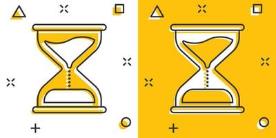 Hourglass icon in comic style. Sandglass cartoon vector illustration on white isolated background. Clock splash effect business concept.