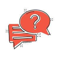 Question mark icon in comic style. Discussion speech bubble cartoon vector illustration on white isolated background. Faq splash effect business concept.