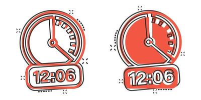 Clock icon in comic style. Watch cartoon vector illustration on white isolated background. Timer splash effect business concept.