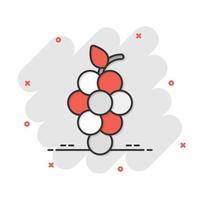 icono de signo de frutas de uva en estilo cómico. ilustración de dibujos animados de vector de vid sobre fondo blanco aislado. efecto de salpicadura de concepto de negocio de uvas de vino.