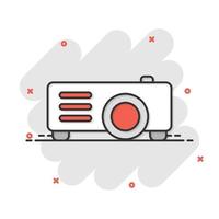 icono de signo de proyector de video en estilo cómico. ilustración de dibujos animados de vector de dispositivo de presentación de cine sobre fondo blanco aislado. efecto de salpicadura de concepto de negocio de conferencia.