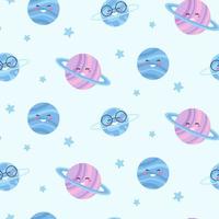 Seamless pattern with cute stars and planets on light background. vector