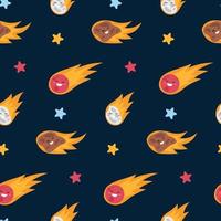 Seamless pattern with cute stars, comets, asteroids and meteorites on dark background. vector