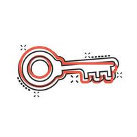 Key icon in comic style. Password cartoon vector illustration on white isolated background. Access splash effect business concept.