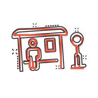 Bus station icon in comic style. Auto stop cartoon vector illustration on white isolated background. Autobus vehicle splash effect business concept.