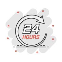 Vector cartoon twenty four hour clock icon in comic style. 24 7 service time concept illustration pictogram. Around the clock business splash effect concept.