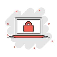 Cyber security icon in comic style. Padlock locked vector cartoon illustration on white isolated background. Laptop business concept splash effect.