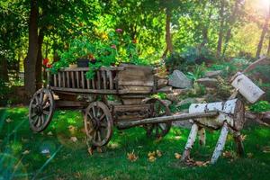 viejo carro de madera con ruedas con macetas foto
