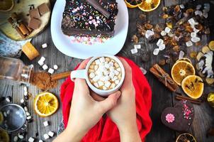 Cup of hot chocolate with white marshmallow photo