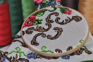 Detail of traditional embroidery towels in the wooden embroidery hoop photo