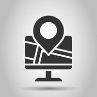 Computer navigation icon in flat style. Monitor pin gps vector illustration on white isolated background. City area location business concept.