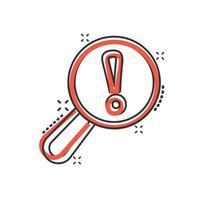 Risk analysis icon in comic style. Exclamation magnifier cartoon vector illustration on white isolated background. Attention splash effect business concept.