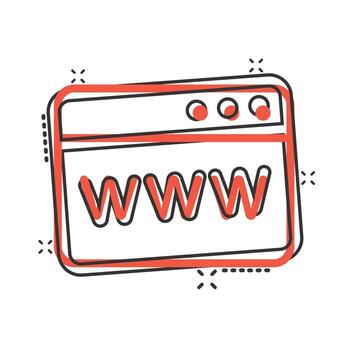 Website domain icon in comic style. Com internet address cartoon vector illustration on white isolated background. Server splash effect business concept.