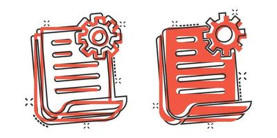 Document with gear icon in comic style. Big data processing cartoon vector illustration on white isolated background. Paper sheet software solution splash effect business concept.