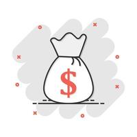 Vector cartoon money bag icon in comic style. Moneybag with dollar illustration pictogram. Money cash sack splash effect concept.