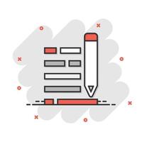 Pencil notepad icon in comic style. Document write vector cartoon illustration on white isolated background. Pen drawing business concept splash effect.