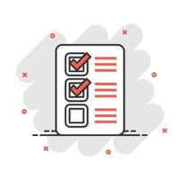 Checklist document sign icon in comic style. Survey vector cartoon illustration on white isolated background. Check mark banner business concept splash effect.