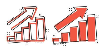 creciente icono de gráfico de barras en estilo cómico. aumentar la ilustración de vector de dibujos animados de flecha sobre fondo blanco. concepto de negocio de efecto de salpicadura de progreso infográfico.