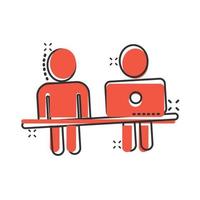 People with laptop computer icon in comic style. Pc user cartoon vector illustration on white isolated background. Office manager splash effect business concept.