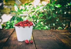 Red ripe cherry in a bucket photo