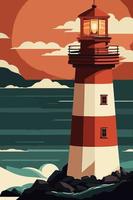 Lighthouse on the sea at sunset. Vector illustration in flat style